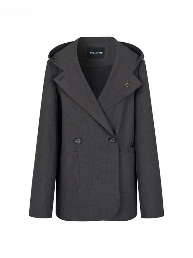 Hooded Waist Cinching Double-Breasted Blazer