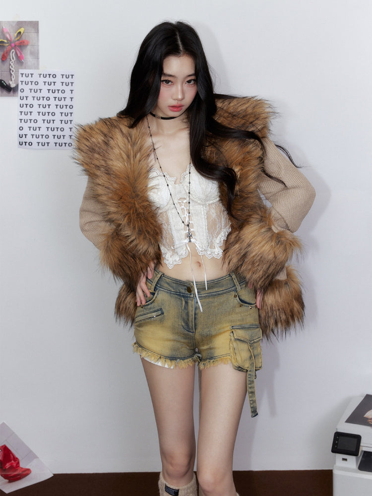 Knitted Fur Thickened Waist-Cinching Coat
