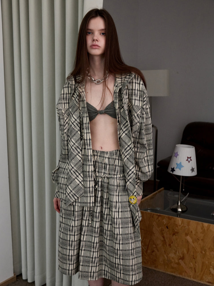 Plaid Hooded Shirt & Skirt & Pants Set