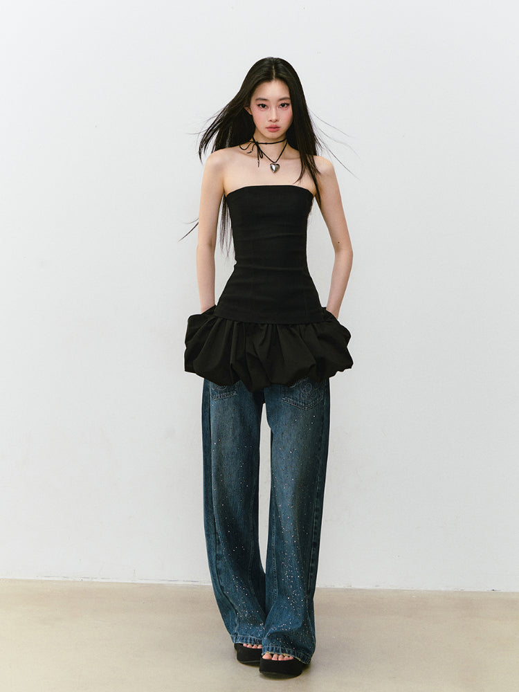 3D Rhinestone Wide - leg Denim Pants