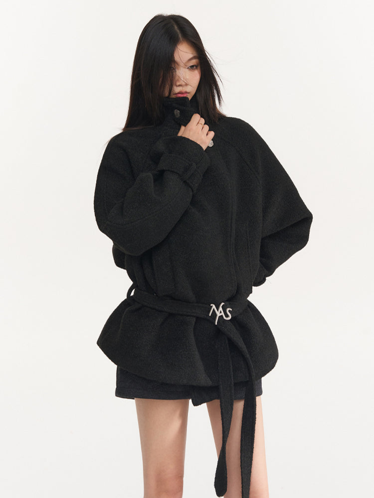 Cream & Black Wool Blend Loose Lapel Jacket