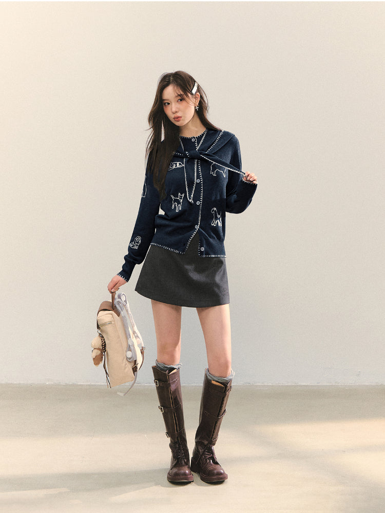 Puppy Embroidered Trim Hooded Knit Sweater