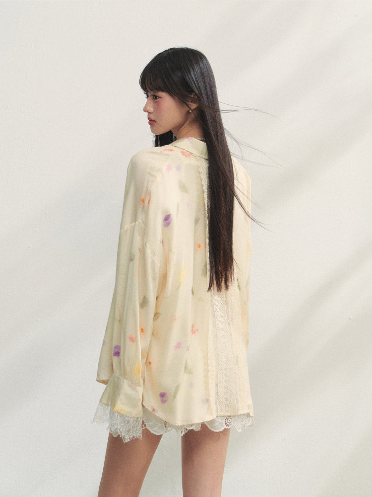 Lace-trimmed Floral Print Long-sleeve Shirt