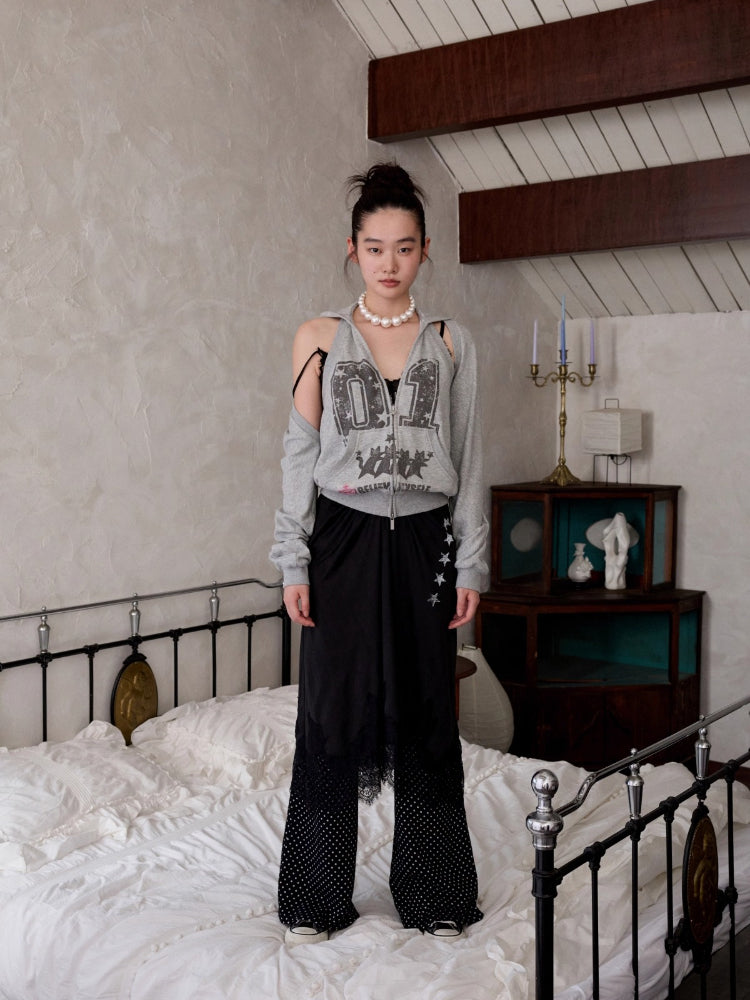 Satin Letter Print Spliced Lace Slip Midi Dress