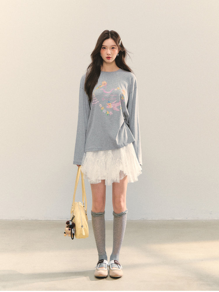 Crew Neck Dog Print Long-Sleeve Tee