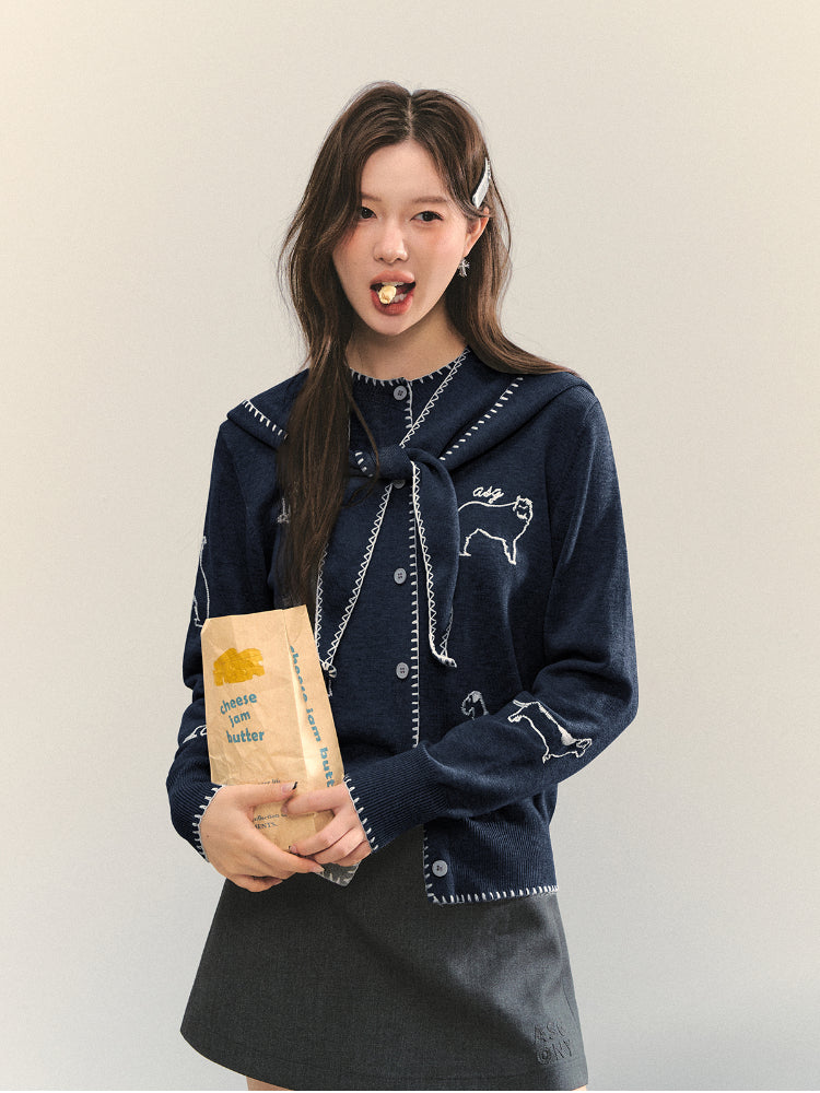 Puppy Embroidered Trim Hooded Knit Sweater