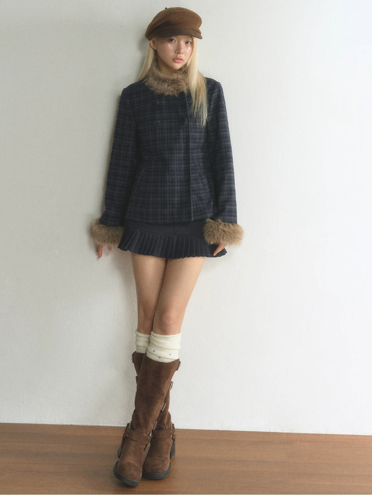 Plaid Fur-Trimmed Double-Breasted Jacket