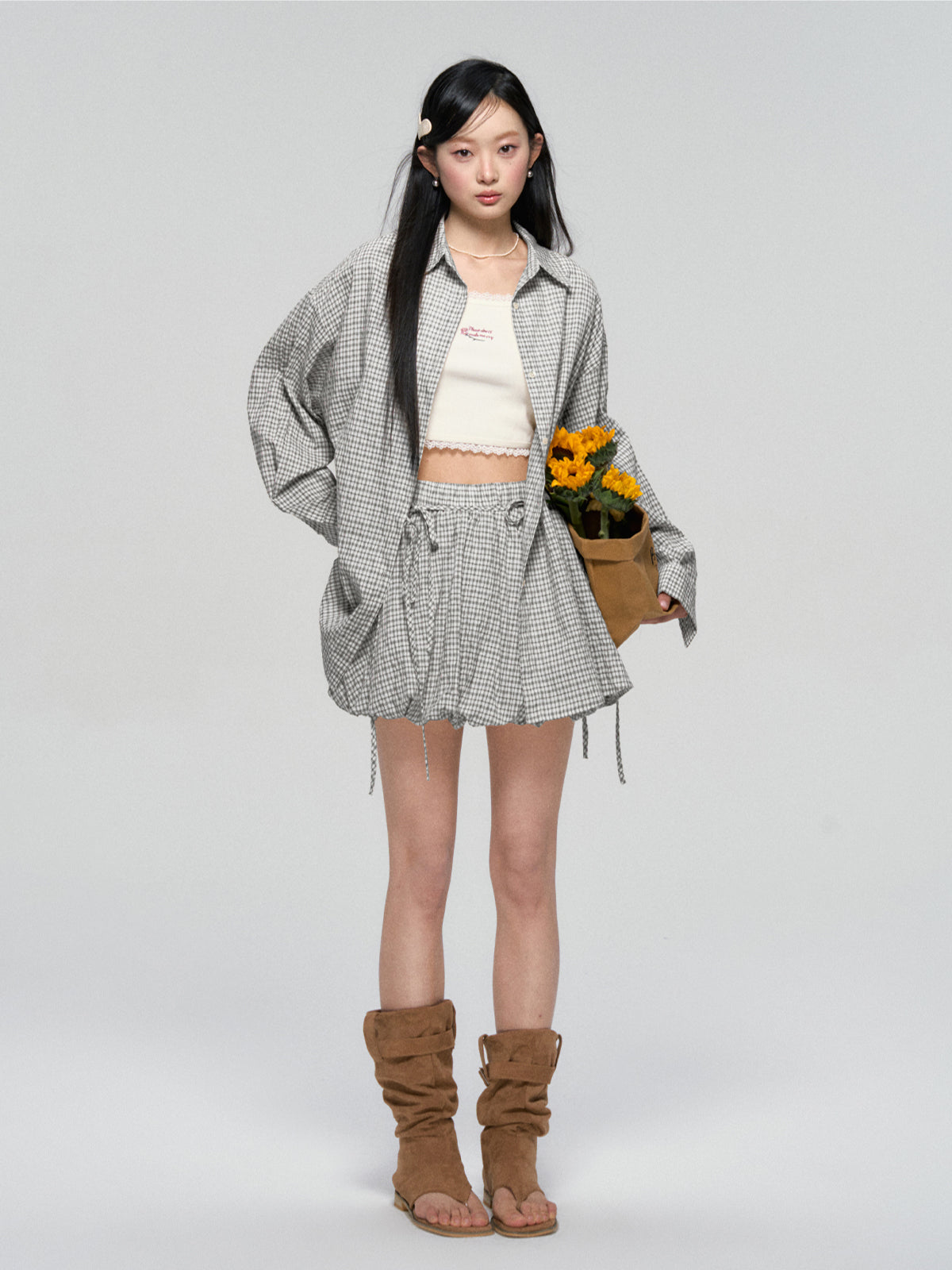 Khaki & Black Retro Check Shirt & Skirt Set