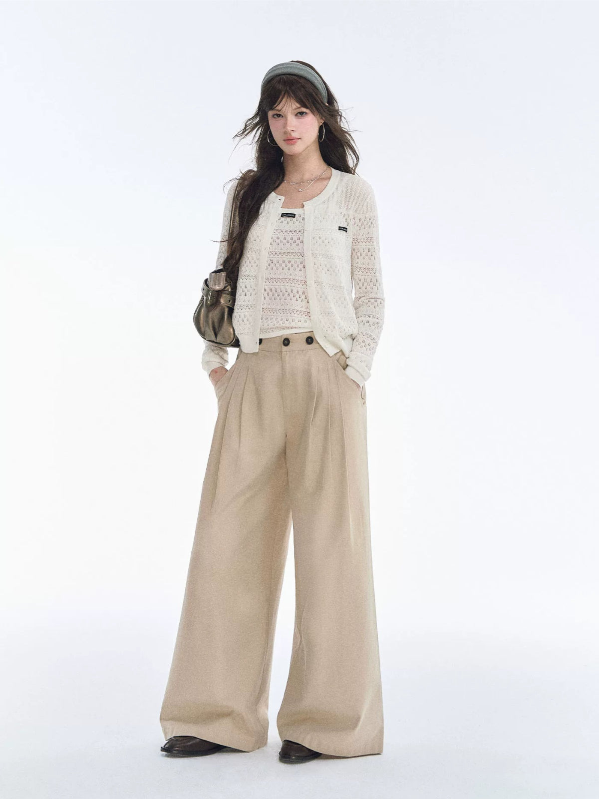 Khaki Pleated Wide Leg Trousers