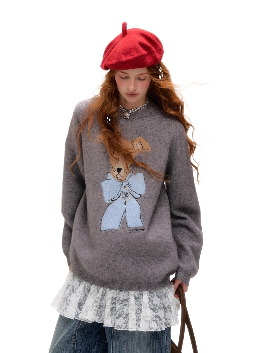 Bow-Knot Puppy Jacquard Pullover Sweater