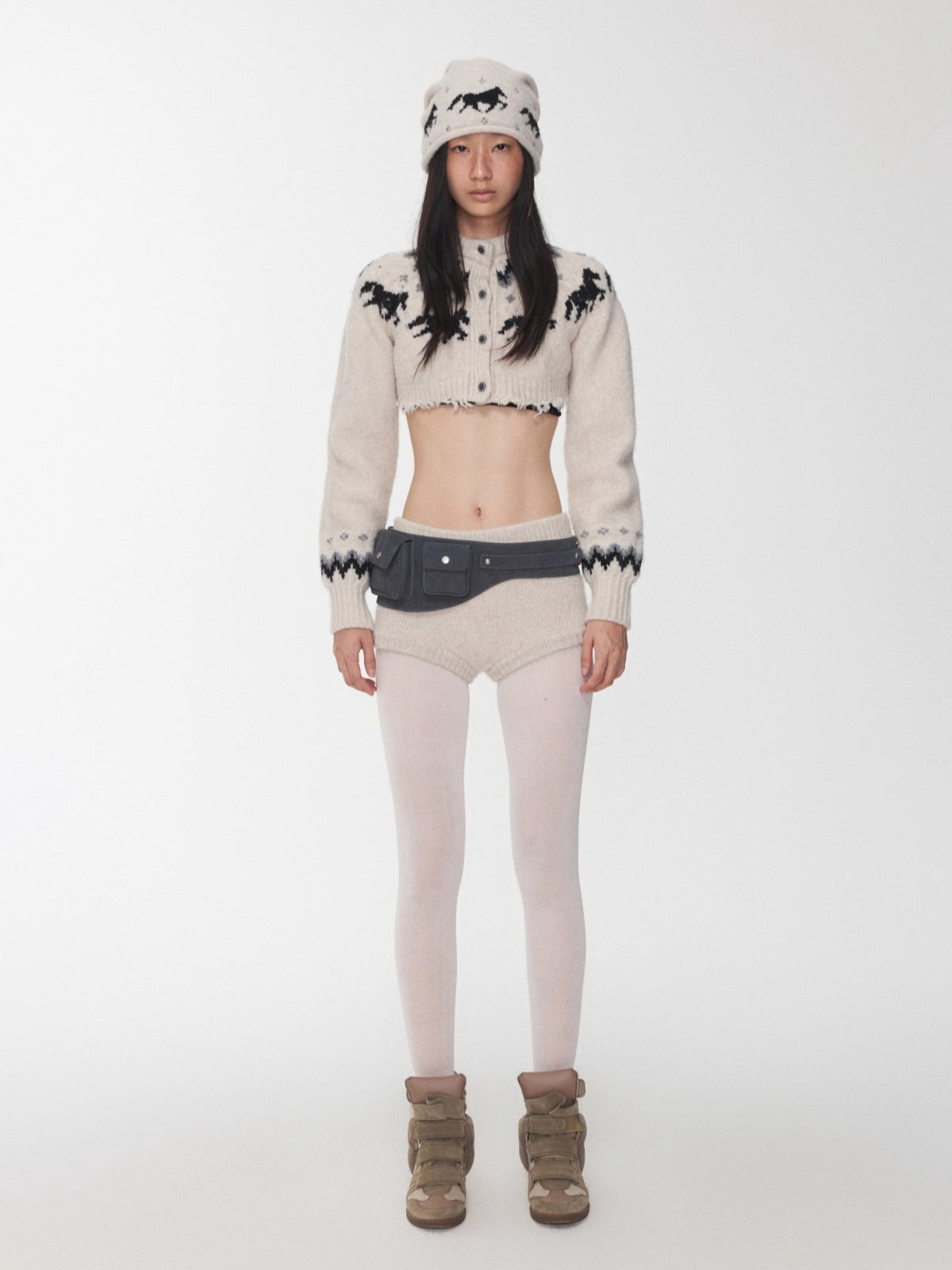 Fair Isle Pony Jacquard Knit Short Cardigan & Shorts Set