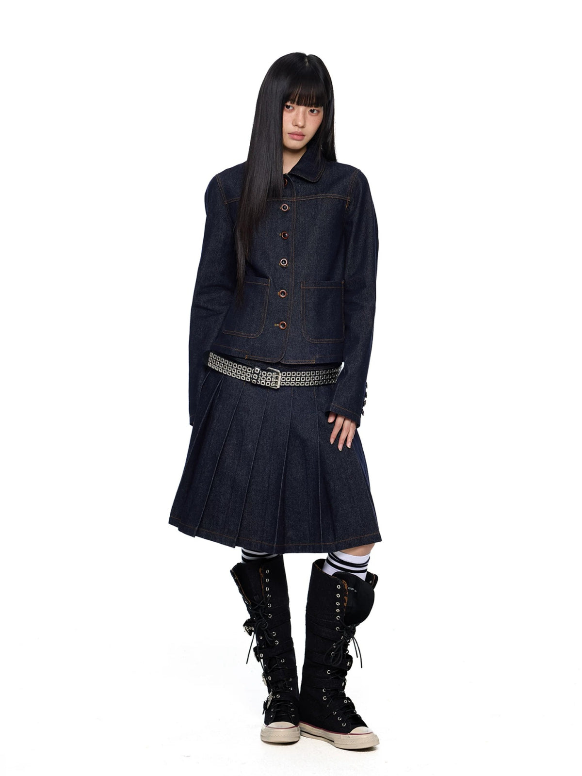 Vintage Denim Collar Pleated Skirt Set