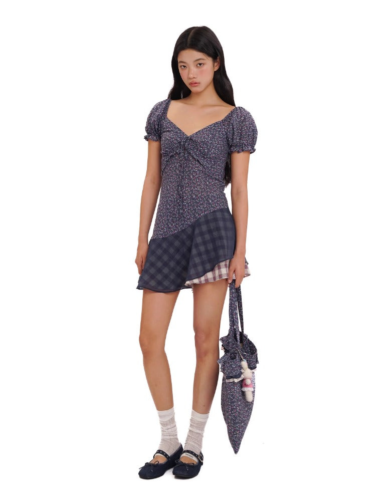 Floral Patchwork Mesh Bow Tie Bubble Sleeve Top & Dress