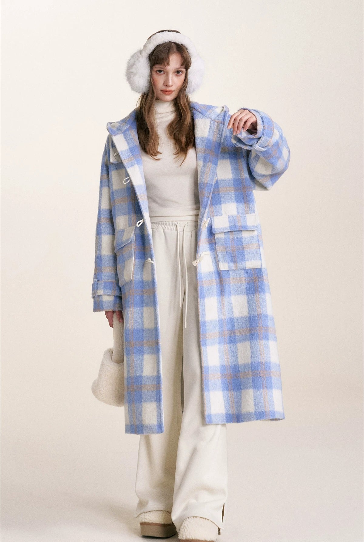 Blue Check Hooded Wool Coat