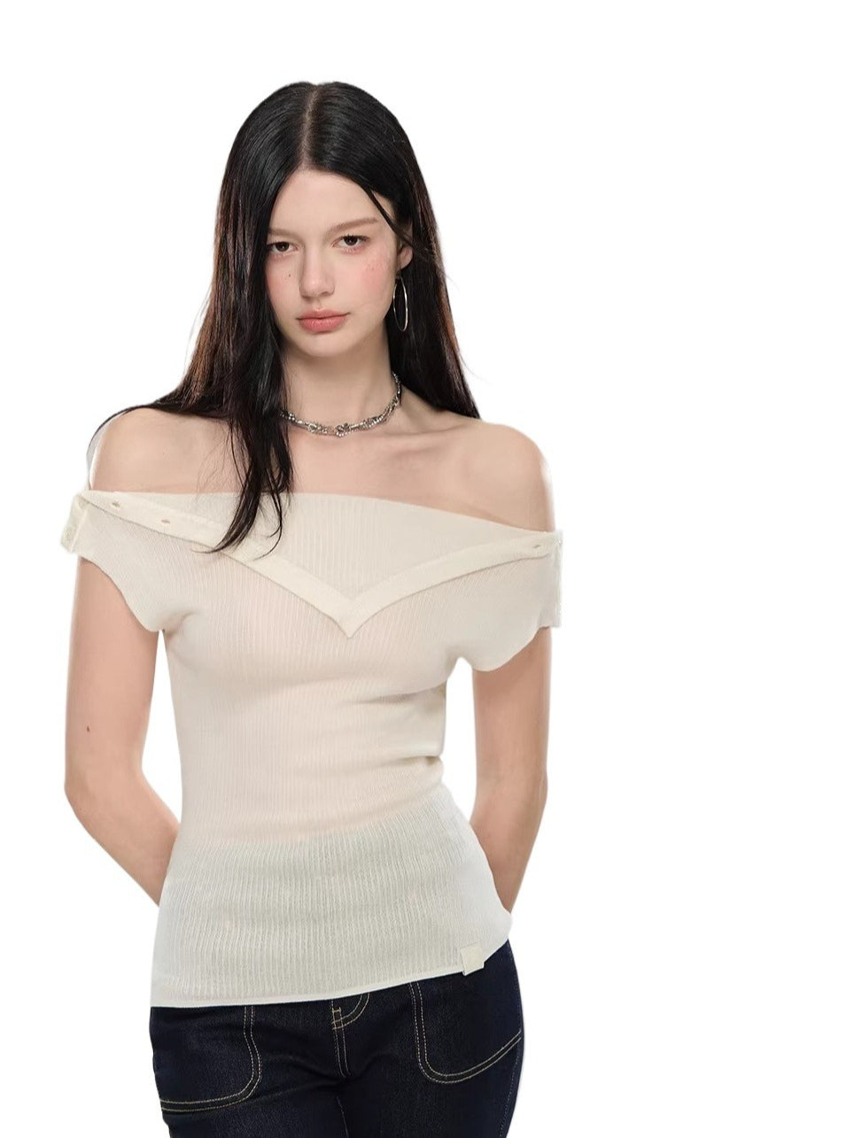 Layered Collar Off-Shoulder Knit Top