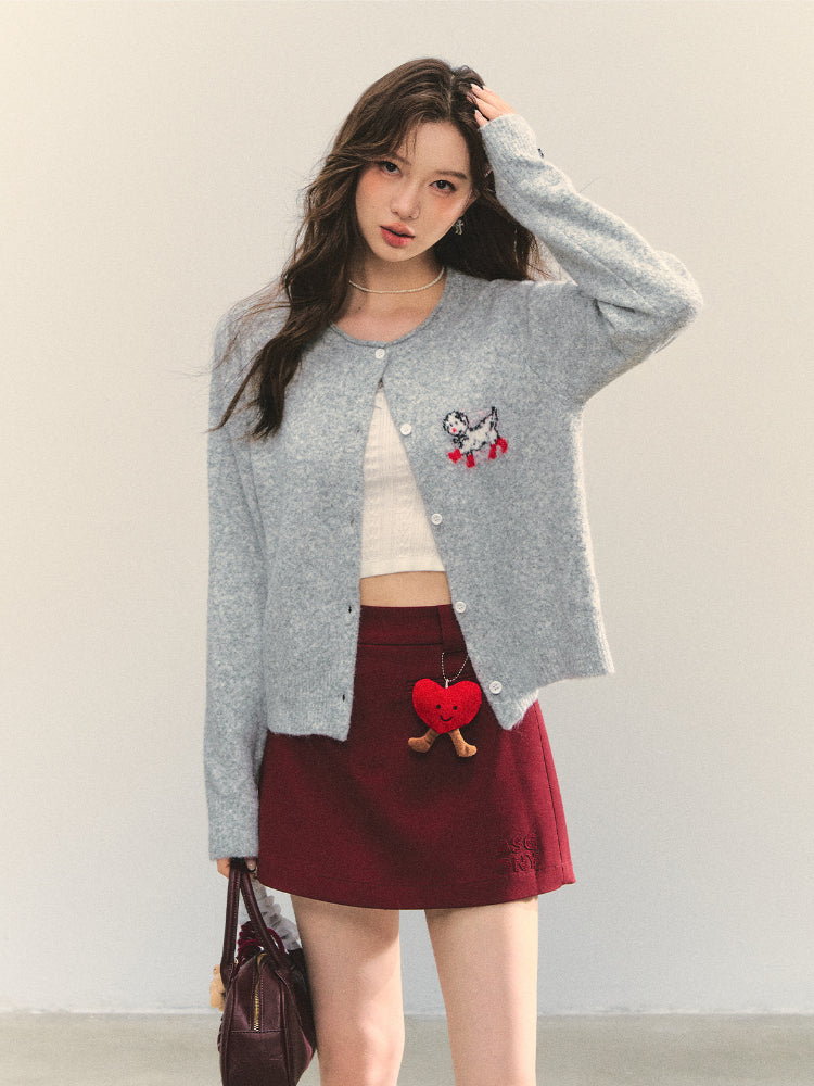 Crew Neck Dalmatian Jacquard Knit Cardigan