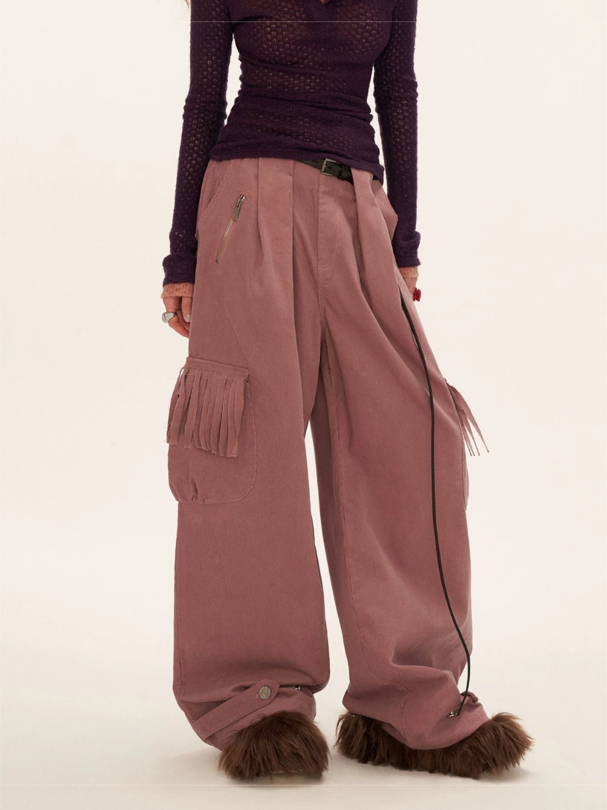 Fringed Corduroy Straight-Leg Pants
