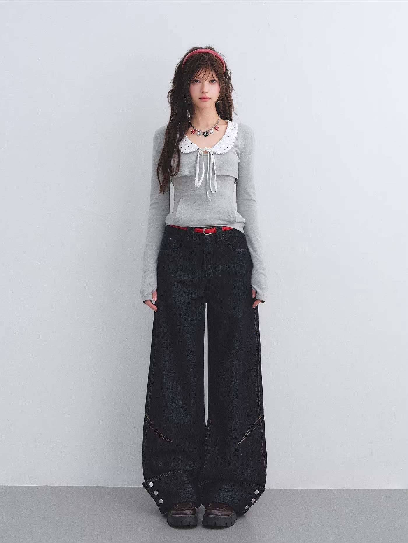 Polka Collar Cardigan Set