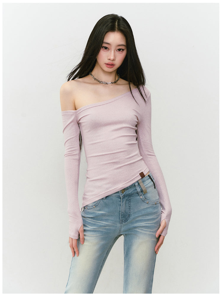Shimmer Asymmetric Shoulder Irregular T-shirt