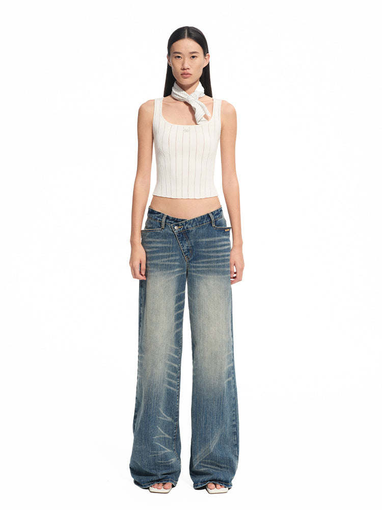 Washed Denim Low-waist Wide-leg Pants