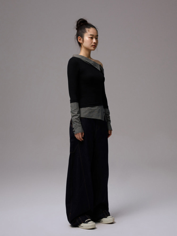 Asymmetric Collar Fake Two-Piece Fitted Blouse