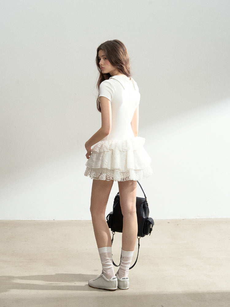 Multi-layer Lace Spliced Short-Sleeve Dress