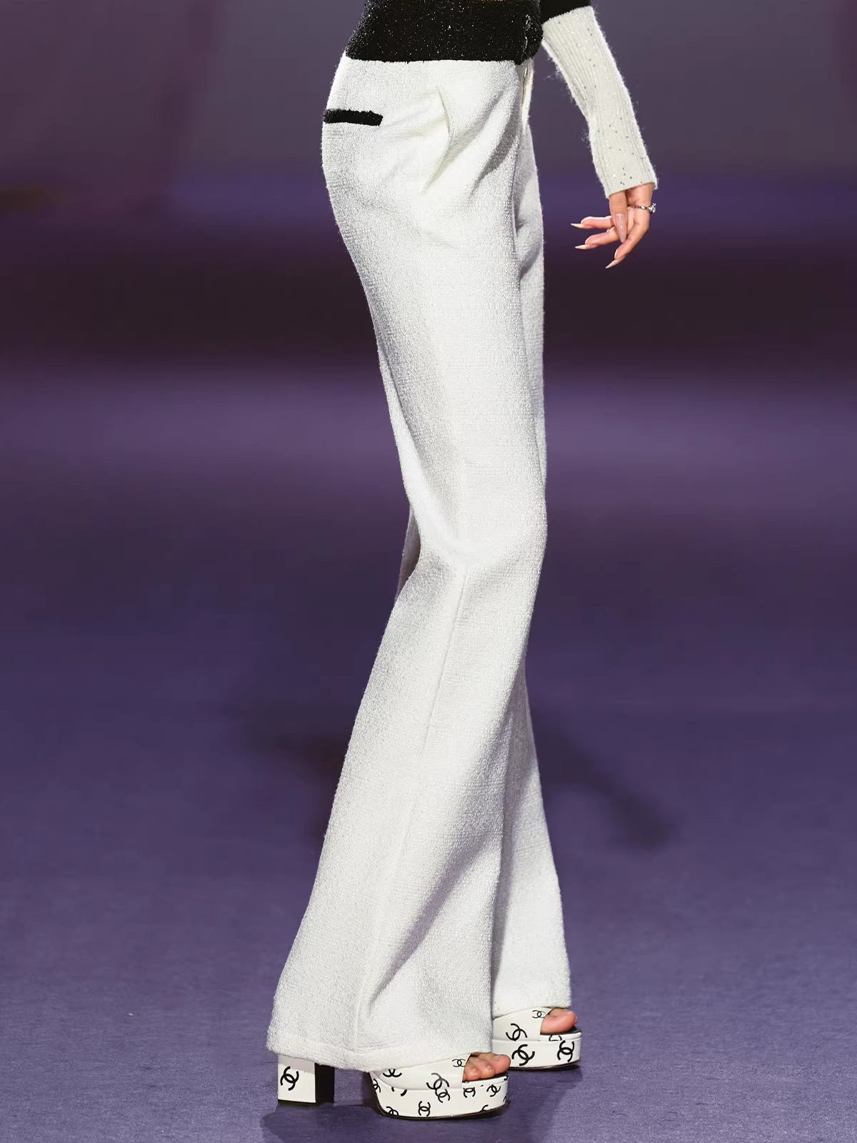 White Sequin-Trim Micro-Flare Pants