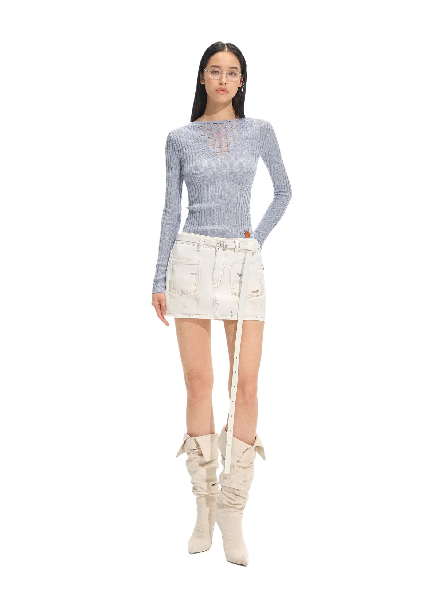 "Blue Ridge" V-Neck Openwork Knit Top