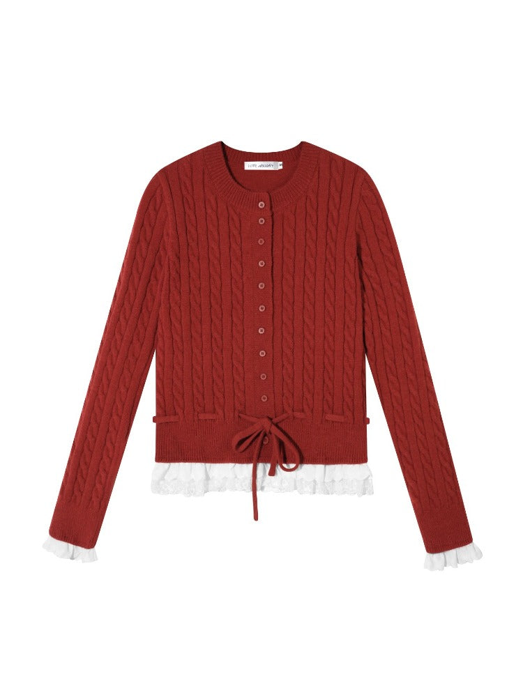Cable Knit Lace Hem Drawstring Sweater