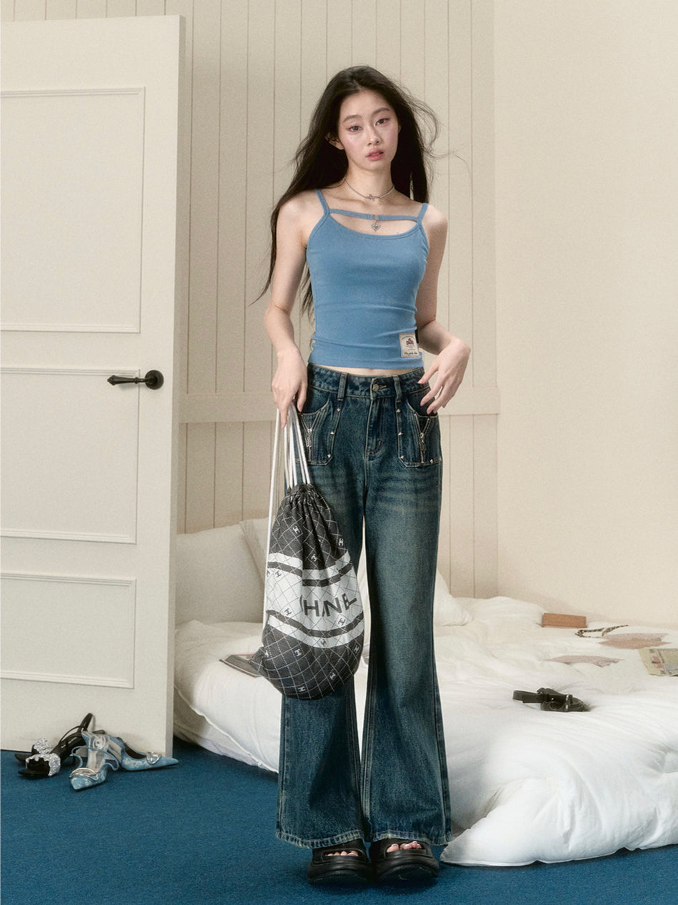 Dark Blue Straight-Leg Flared Jeans