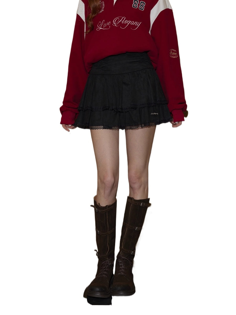 Suede Drawstring Lace Ruffle Mini Skirt