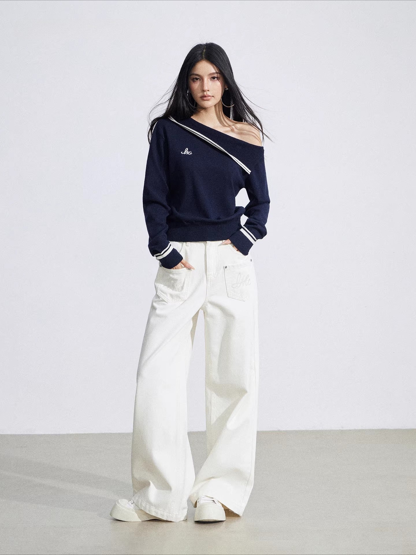Navy Blue Asymmetric Knit Top