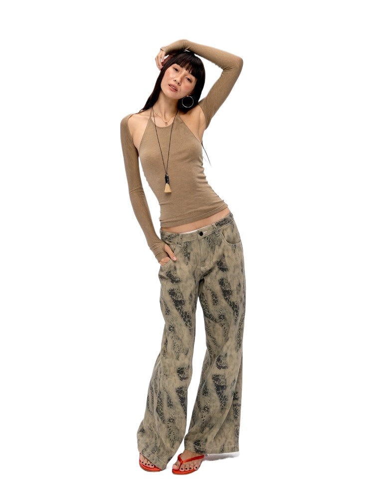 Leopard Print Straight Leg Grey Jeans