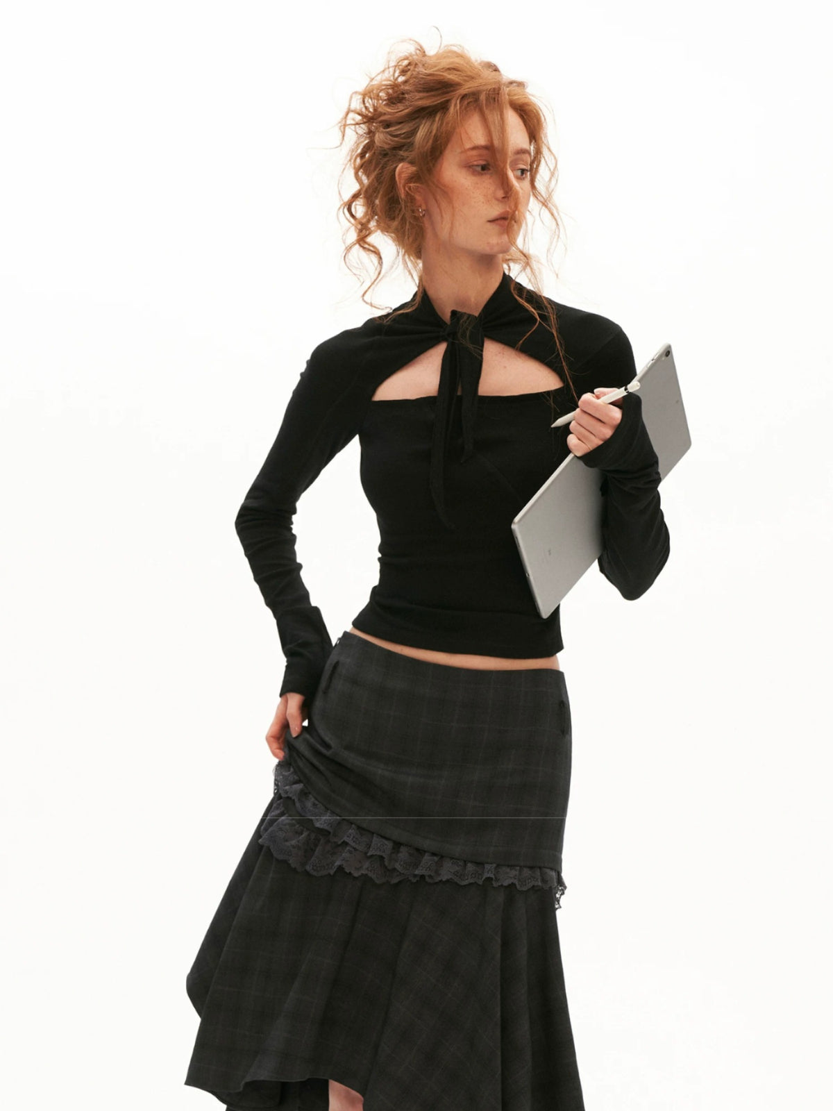 Cutout Lace-Up Fitted Long Sleeve Top