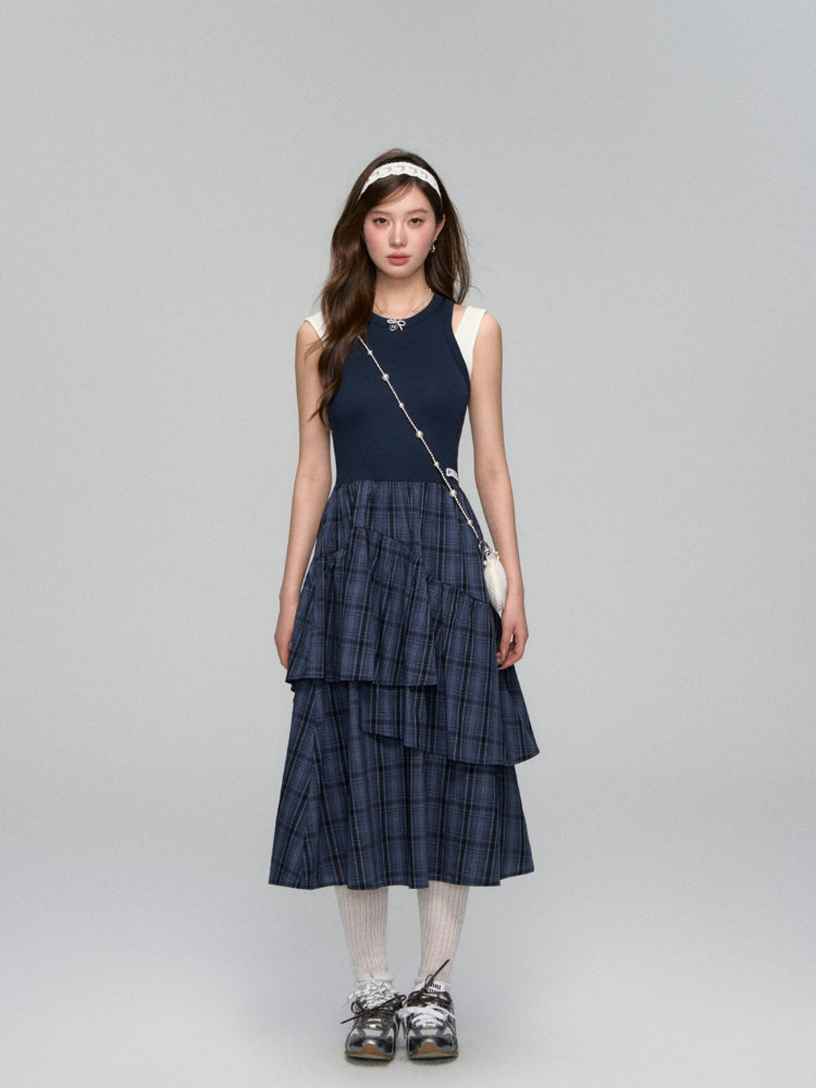 Plaid Asymmetric Sleeveless Vest Dress