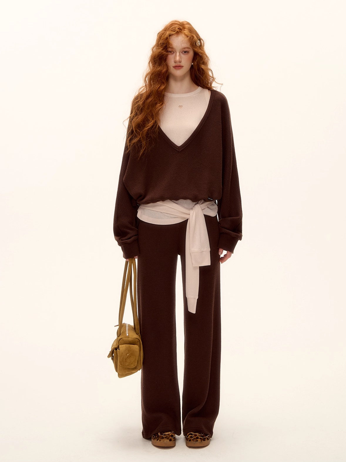 Waffle Knit V-Neck Pullover & Tie Vest Set with Wide-Leg Pants