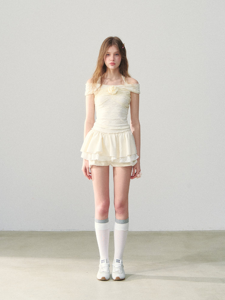 Off Shoulder 3D Flower Lace Short Top