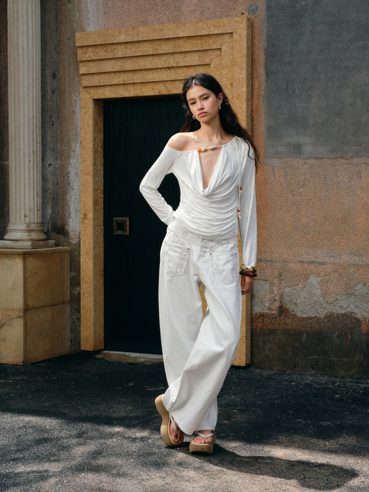 Beaded Cowl Neck Off-shoulder Long-sleeve Tunic