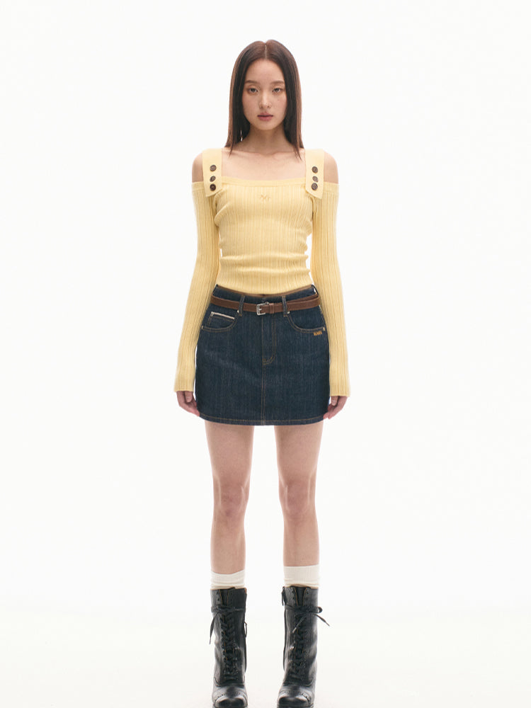 Casual Off-Shoulder Slim-Fit Wool Long-Sleeve Top