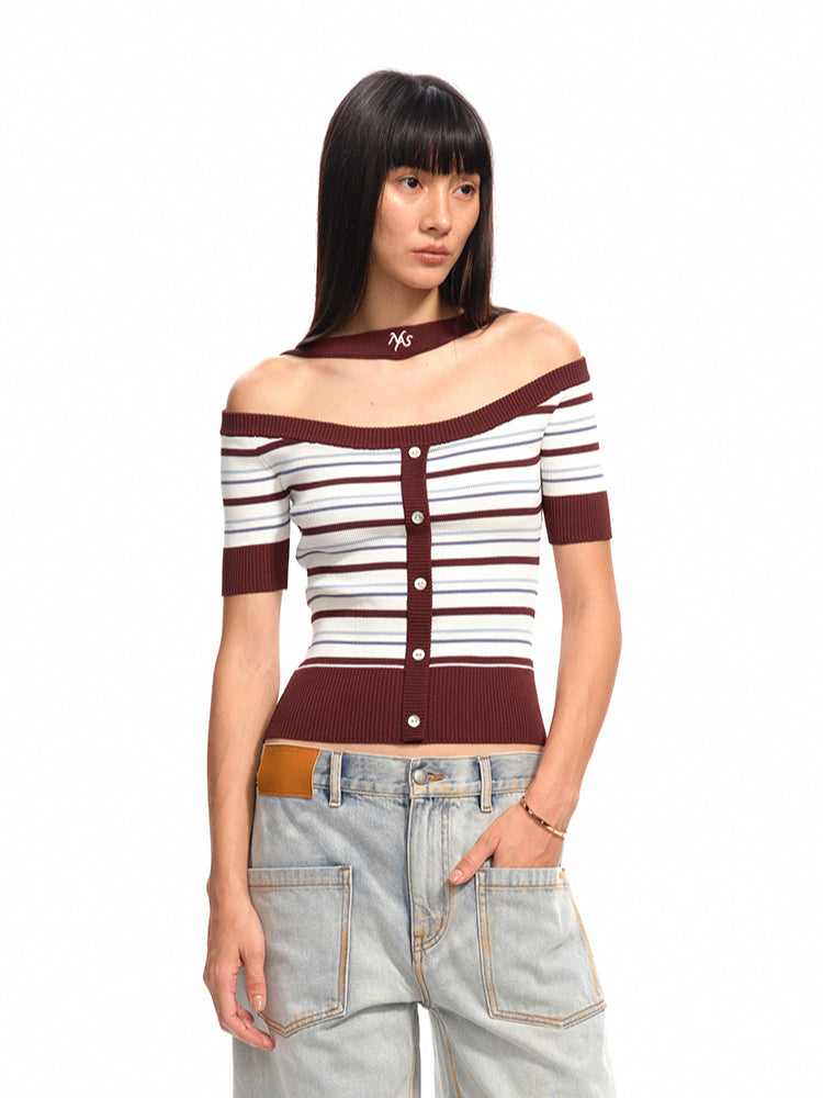 One-Shoulder Halter Neck Color-Block Striped T-shirt