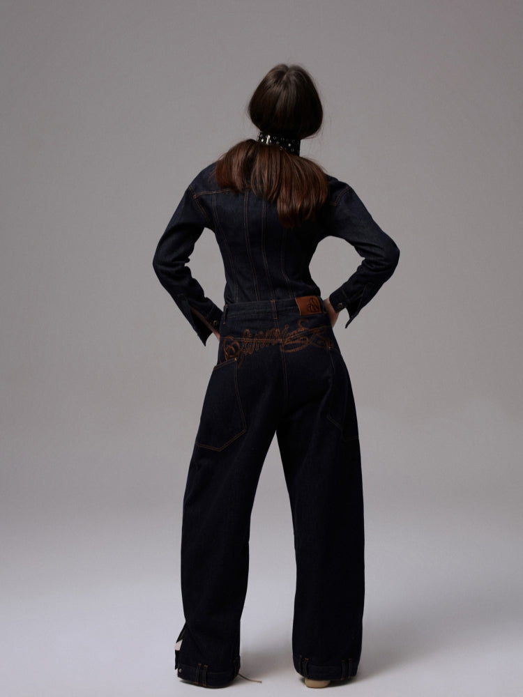 Raw Denim Wide-Shoulder Waist-Cinching Jacket Set