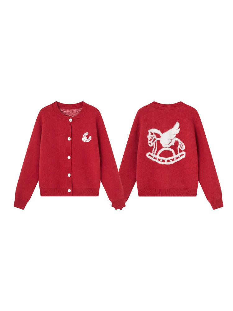 Red Pony Print Crewneck Cardigan