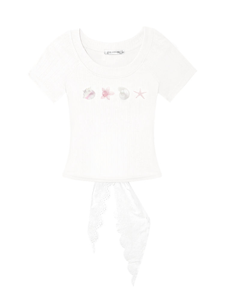 Crew Neck Printed Backless Embroidered T-Shirt