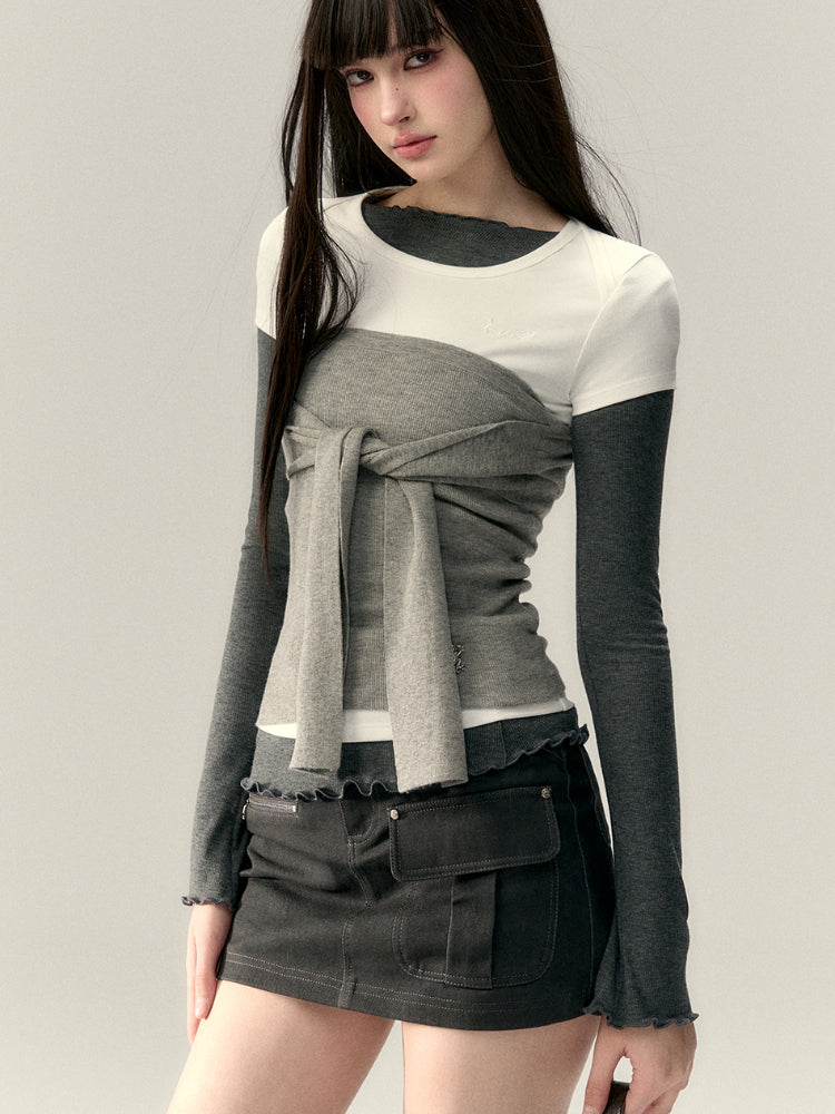 Gray & Navy Blue Tie-Knitted Top