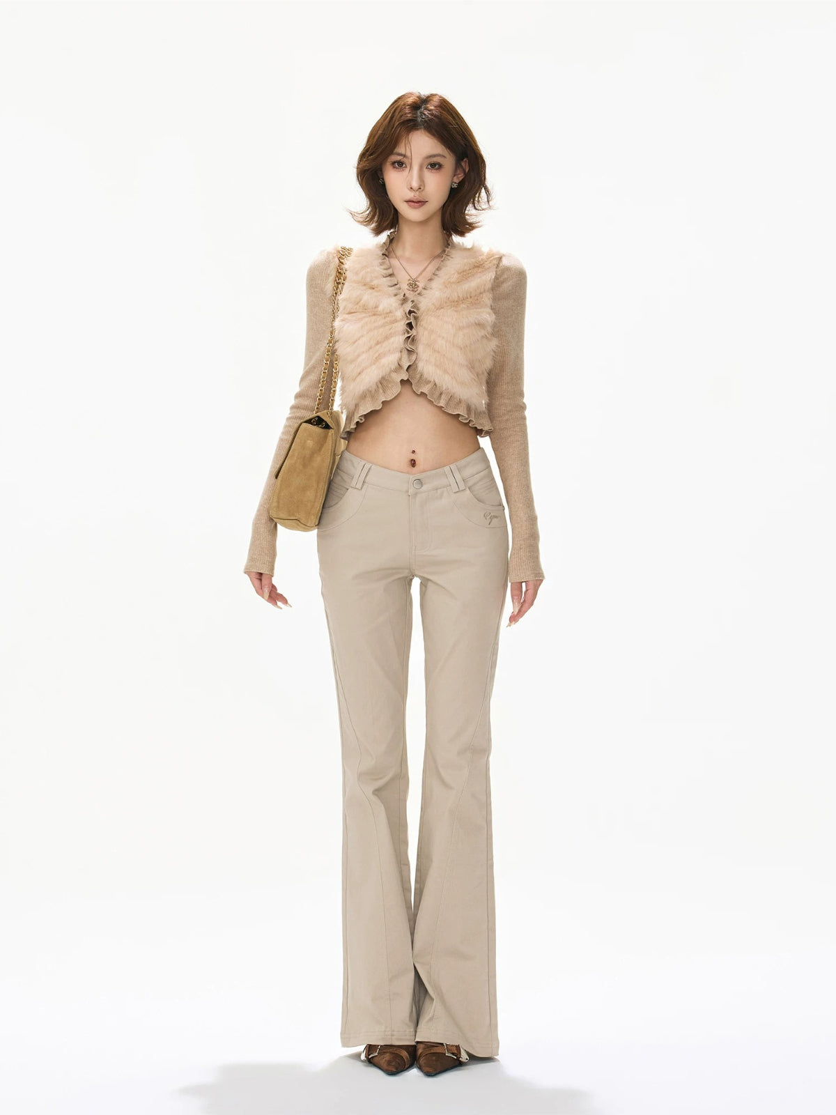 Faux Fur V-Neck Cropped Knit Top