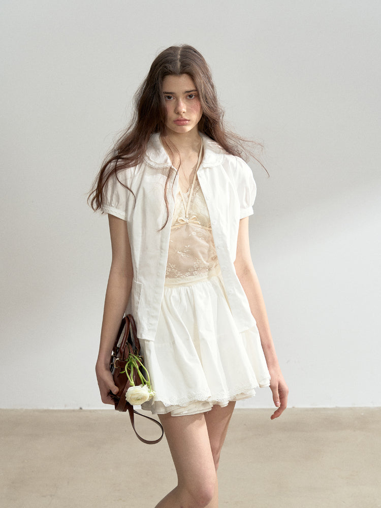 Cotton Lace Embroidered Collar Shirt & Skirt Set