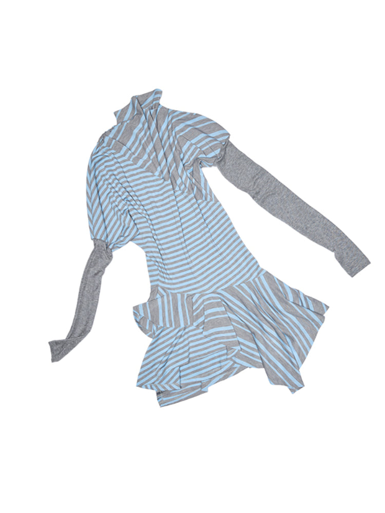 Blue-Gray Striped Irregular Patchwork Dress