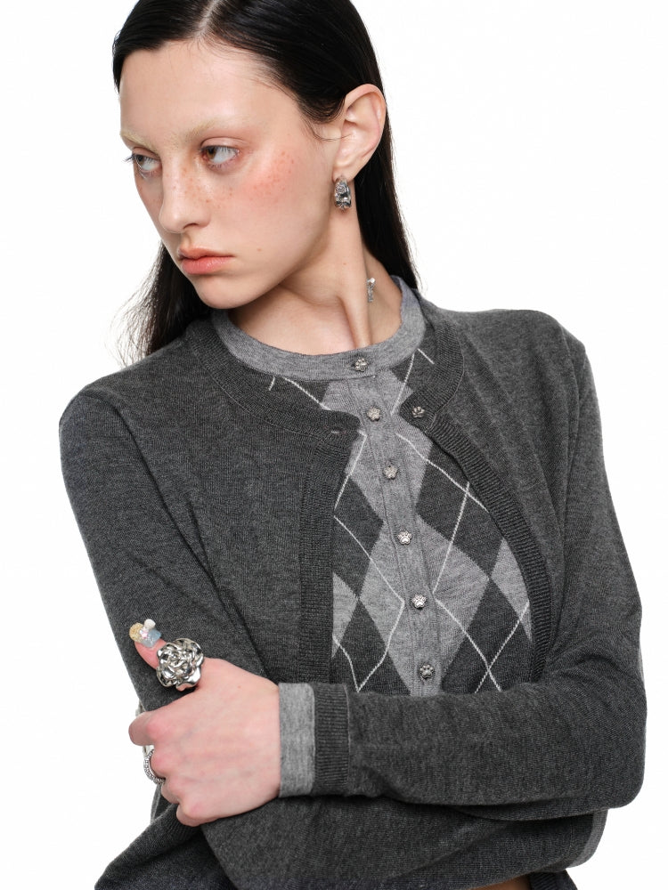 Diamond Pattern Fake Two-Piece Cardigan & Pant Set