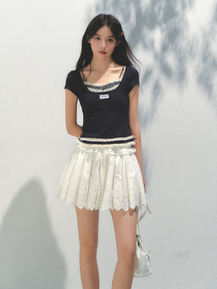 Two-piece Spliced Hem Lace Short-sleeve T-shirt