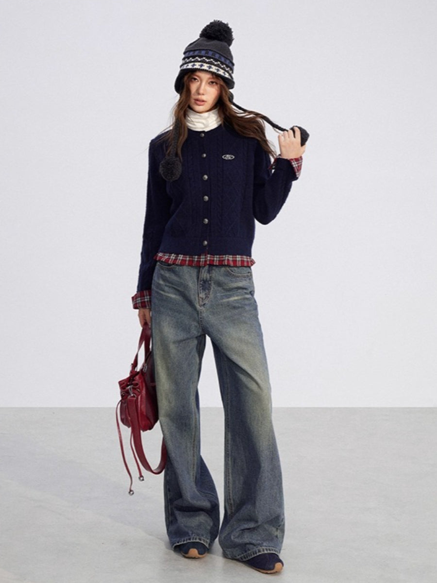 Plaid Trim Knit Cardigan